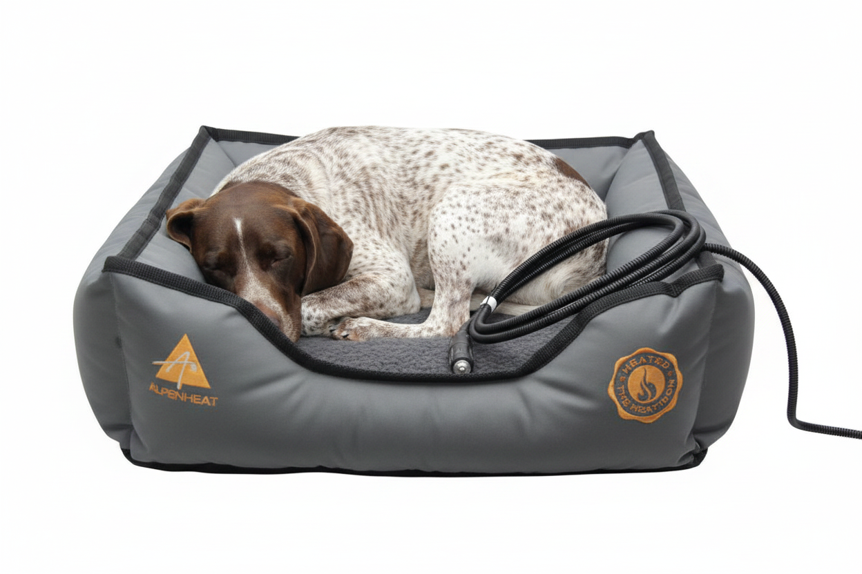 Jagdhund im beheizten Hundebett